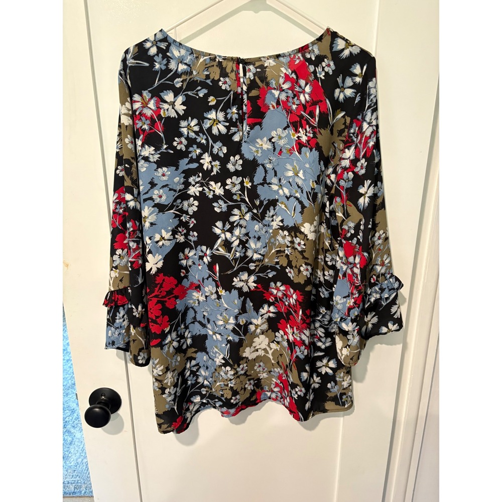 Motherhood Maternity Floral Ruffle Sleeve Blouse Black Red Blue Large